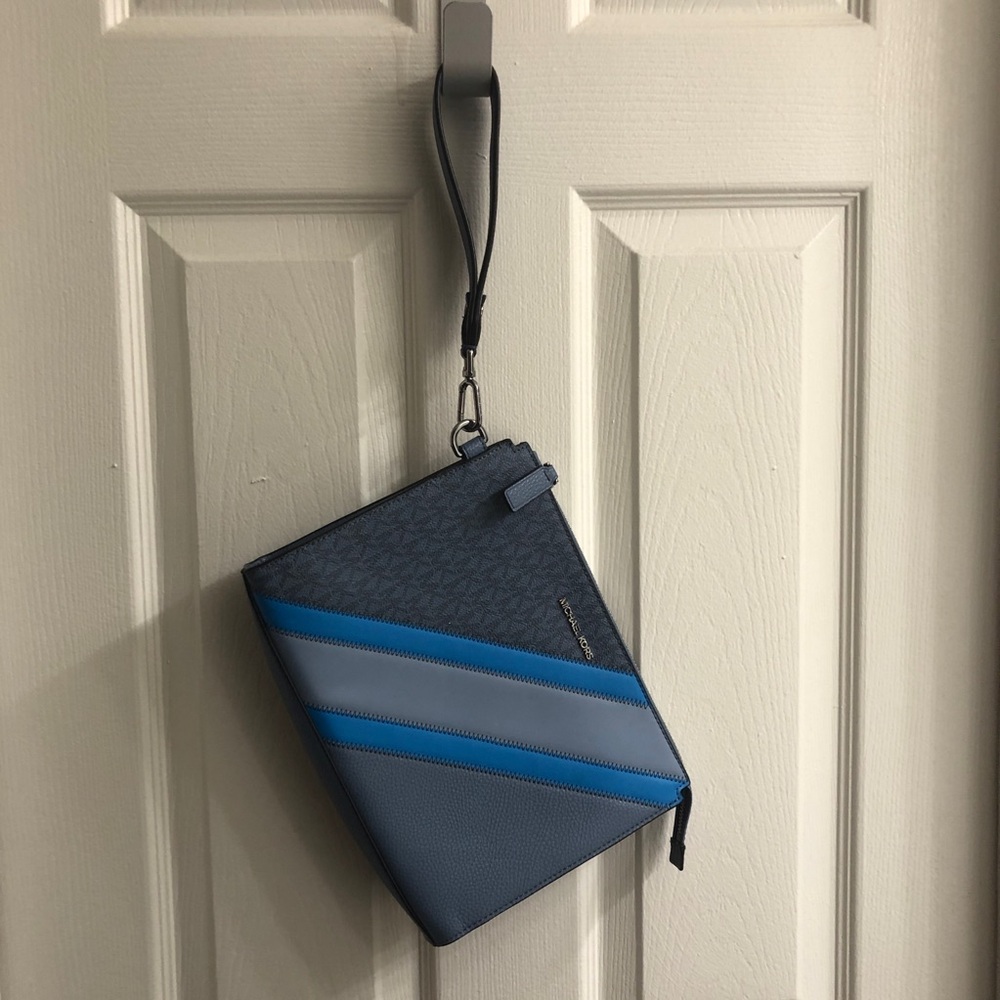 Michael Kors Blue Messenger Bag with Textured Surface and Diagonal Stripe Design - Picture 2 of 4
